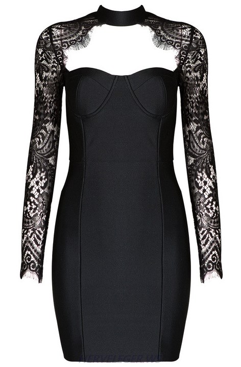 Herve Leger Black Lace Long Sleeve Dress