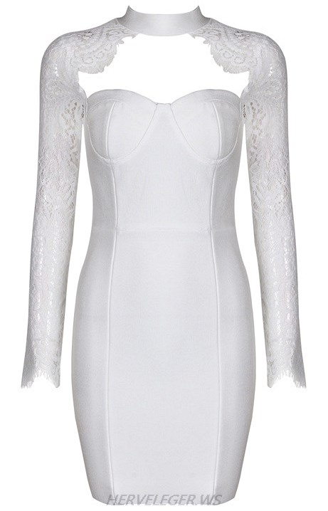 Herve Leger White Lace Long Sleeve Dress