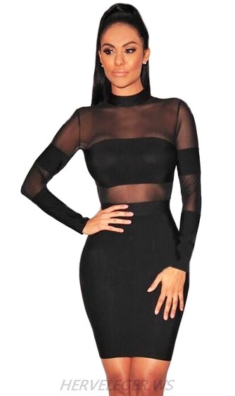 Herve Leger Black Long Sleeve Mesh Panel Dress