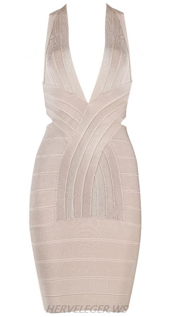 Herve Leger Nude V Neck Cross Back Dress