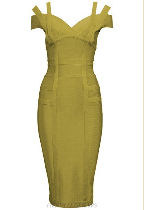Herve Leger Olive Green Strapless Bardot Dress
