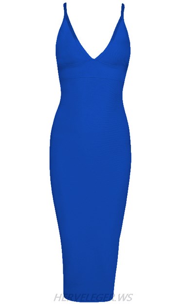 Herve Leger Blue V Neck Halter Dress