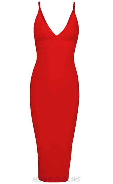 Herve Leger Red V Neck Halter Dress