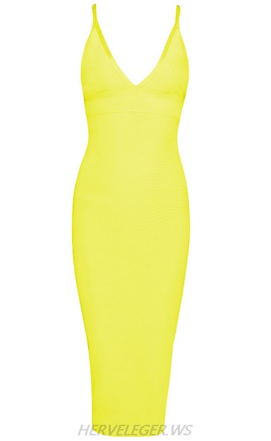 Herve Leger Yellow V Neck Halter Dress