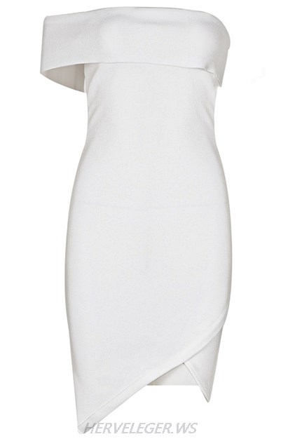 Herve Leger White Asymmetric Bardot Dress