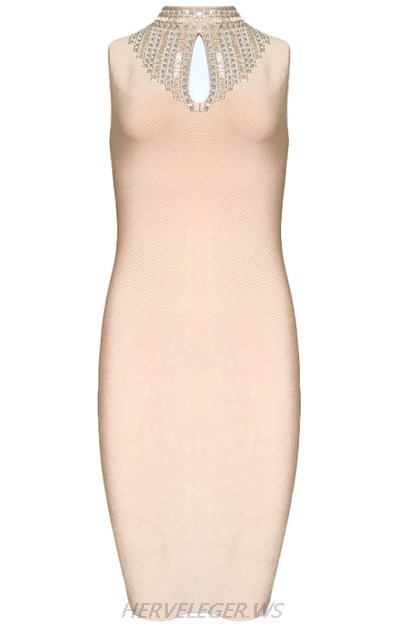 Herve Leger Nude Halter Embellished Dress