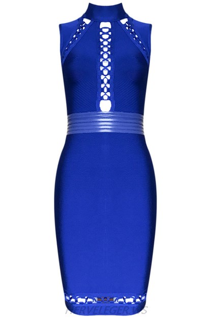 Herve Leger Blue Halter Multi Lace Up Dress