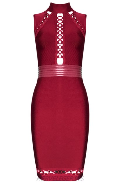 Herve Leger Burgundy Halter Multi Lace Up Dress