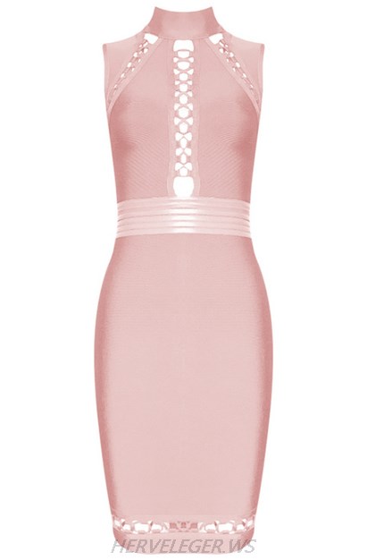 Herve Leger Nude Halter Multi Lace Up Dress