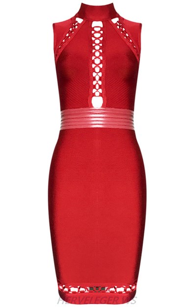 Herve Leger Red Halter Multi Lace Up Dress