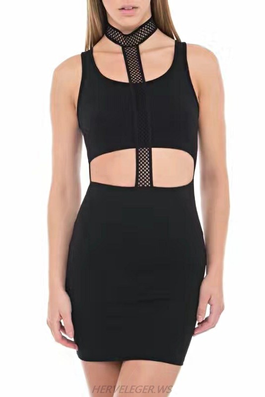 Herve Leger Black Halter Multistitch Crochet Dress