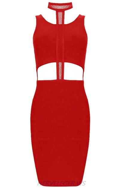 Herve Leger Red Halter Multistitch Crochet Dress