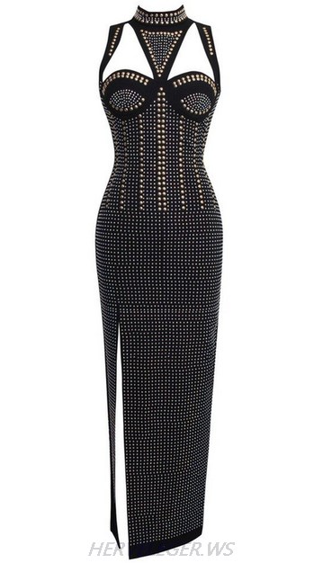 Herve Leger Black Halter Studded Slit Maxi Dress