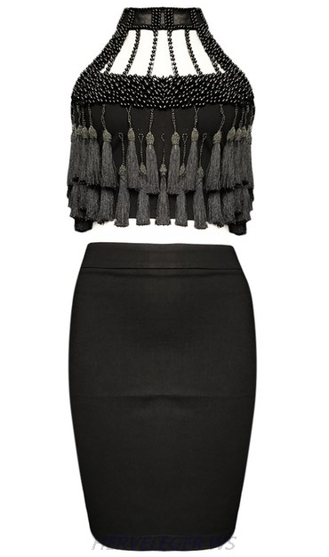 Herve Leger Black Halter Tassel Pearl Two Piece Dress