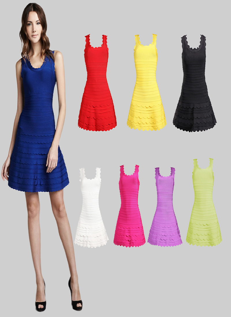 Herve Leger Multi Color A Line Scallop Trim Dress