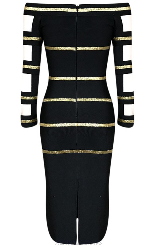 Herve Leger Black And Gold Long Sleeve Bardot Foil Dress