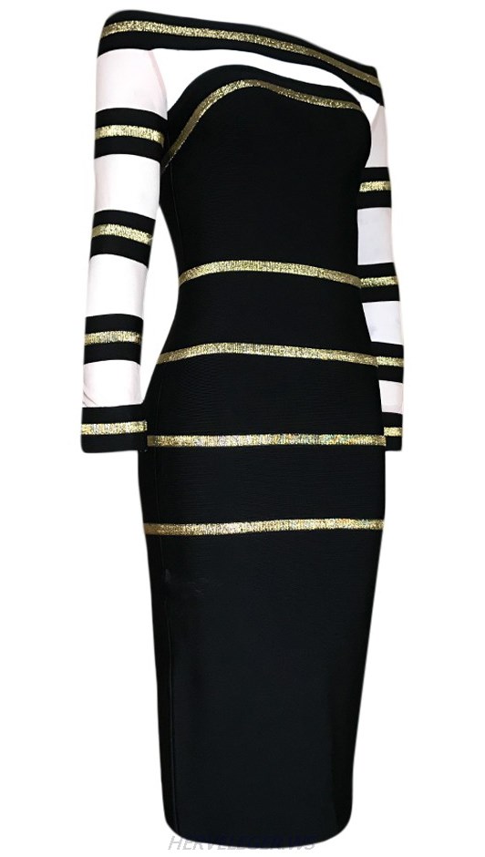 Herve Leger Black And Gold Long Sleeve Bardot Foil Dress
