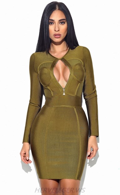 Herve Leger Green Long Sleeve Front Zipper Dress