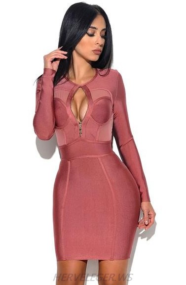 Herve Leger Pink Long Sleeve Front Zipper Dress