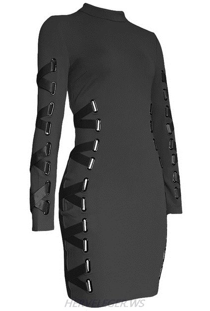 Herve Leger Black Long Sleeve Lace Up Ribbon Dress