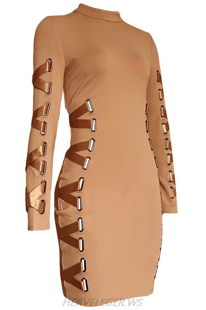 Herve Leger Nude Long Sleeve Lace Up Ribbon Dress