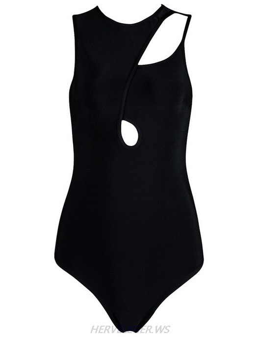 Herve Leger Black Asymmetrical Cut Out Swimsuit
