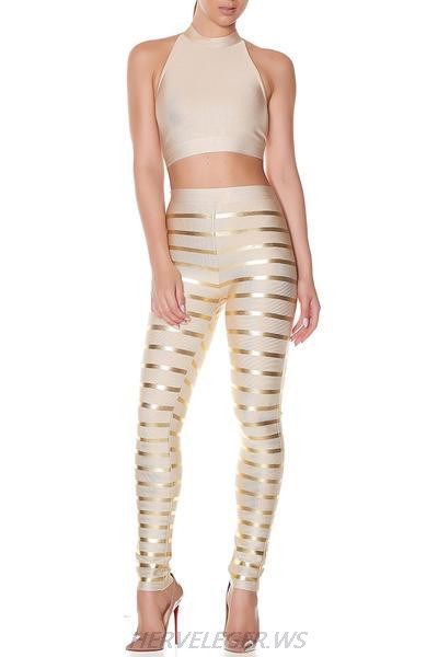 Herve Leger Nude Leggings Foil Stripes Two Piece Top