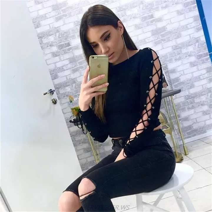 Herve Leger Black Lace Up Long Sleeve Top