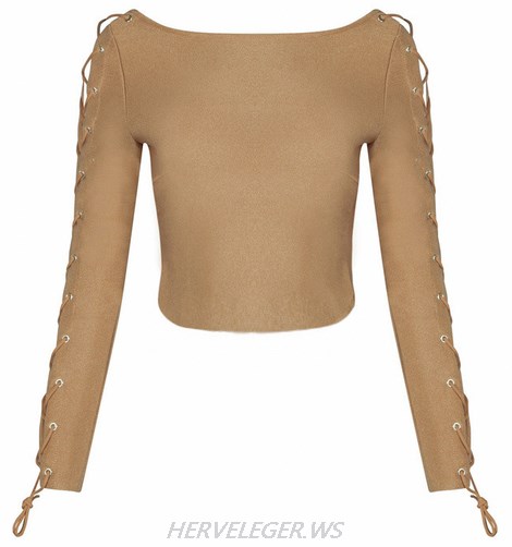 Herve Leger Nude Lace Up Long Sleeve Top
