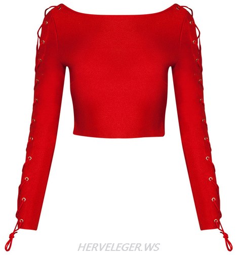 Herve Leger Red Lace Up Long Sleeve Top