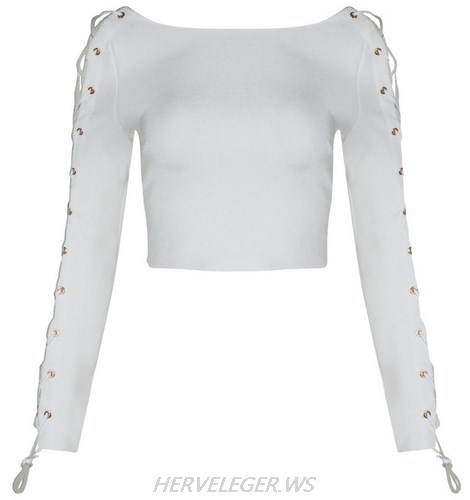 Herve Leger White Lace Up Long Sleeve Top