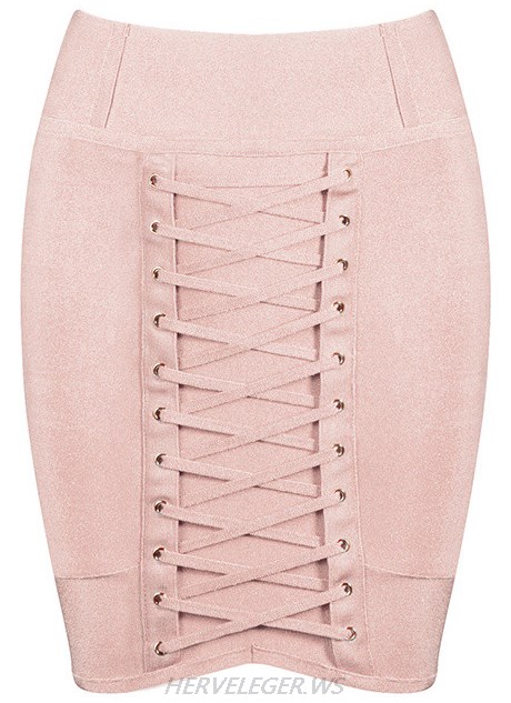 Herve Leger Nude Lace Up Mini Skirt