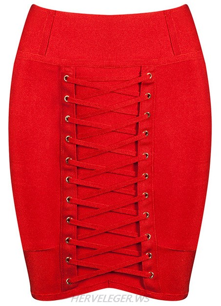 Herve Leger Red Lace Up Mini Skirt