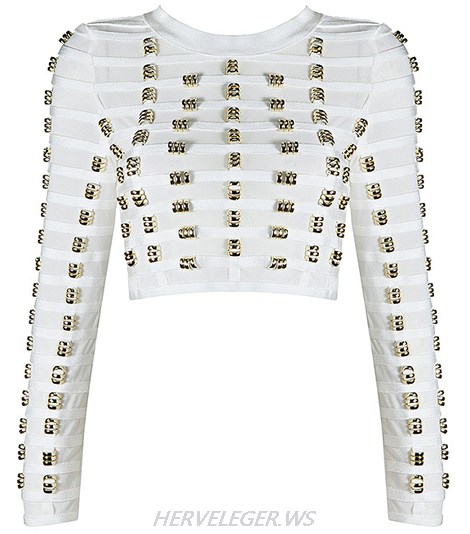 Herve Leger White Long Sleeve Embellished Mesh Crop Top