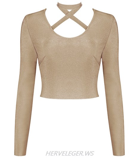 Herve Leger Khaki Long Sleeve Halter Top