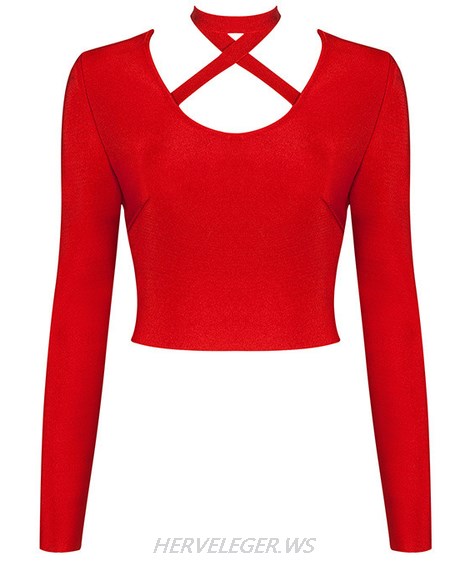 Herve Leger Red Long Sleeve Halter Top