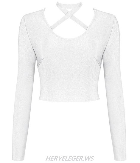 Herve Leger White Long Sleeve Halter Top
