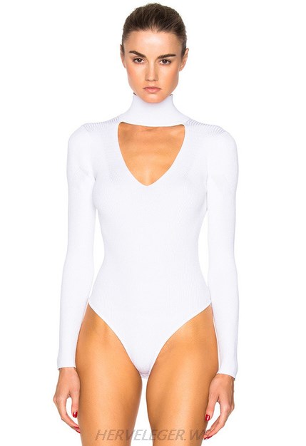 Herve Leger White Long Sleeve High Neck Bodysuit