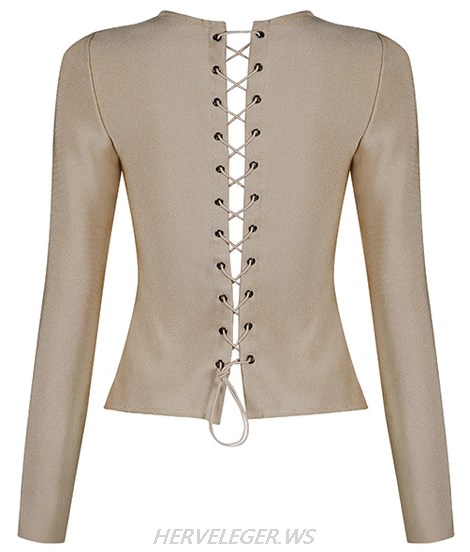 Herve Leger Khaki Long Sleeve Lace up Top