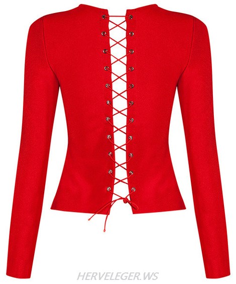 Herve Leger Red Long Sleeve Lace up Top