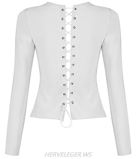 Herve Leger White Long Sleeve Lace up Top