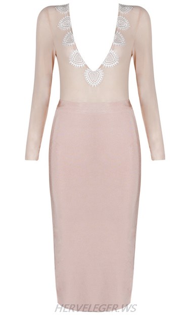 Herve Leger Nude Long Sleeve V Neck Mesh Crochet Two Piece Dress