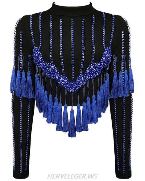 Herve Leger Black And Blue Long Sleeve Tassel Pearl Crop Top