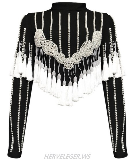 Herve Leger Black And White Long Sleeve Tassel Pearl Crop Top