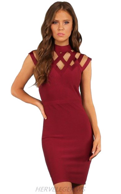 Herve Leger Burgundy Caged Dress