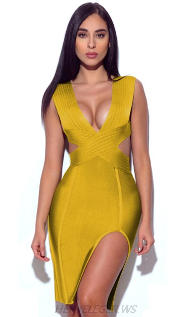 Herve Leger V Neck Mustard Cut Out Slit Dress