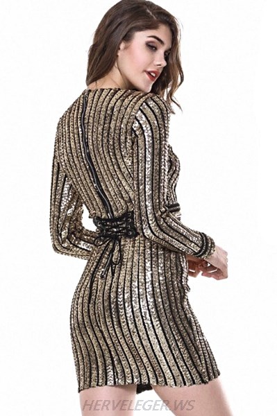 Herve Leger Kim Kardashian Gold Long Sleeve Sequin Chain Stars Dress