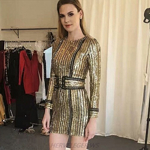 Herve Leger Kim Kardashian Gold Long Sleeve Sequin Chain Stars Dress