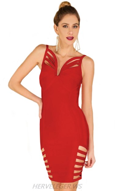 Herve Leger Red Cut Out Strappy Dress