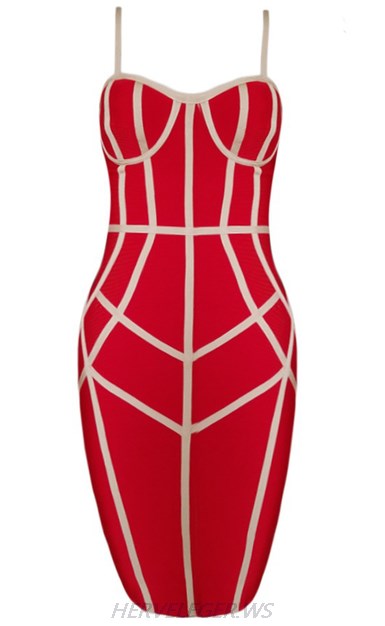 Herve Leger Red And Nude Strapless Bandage Dress